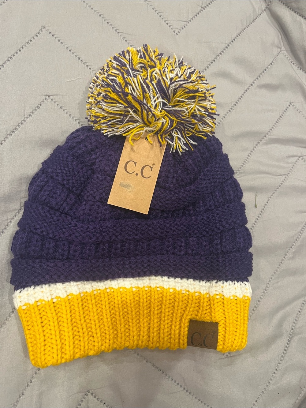 C.C Knit Pom Beanie in Purple, Gold & White